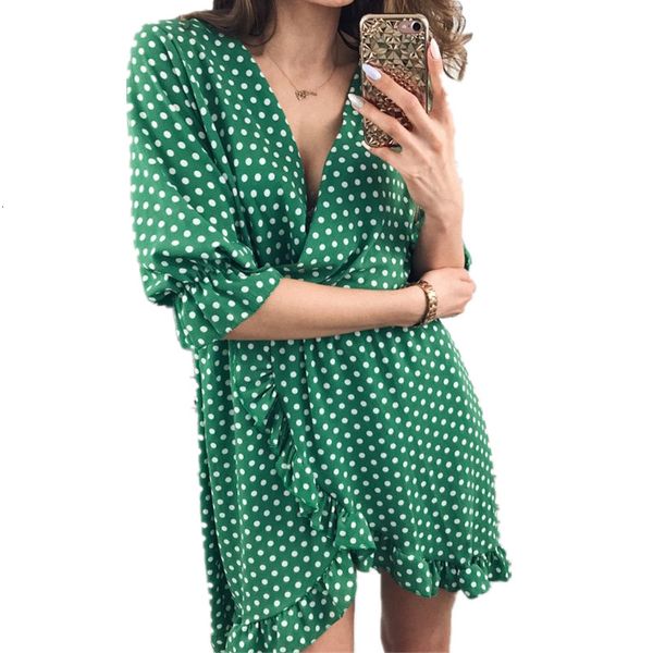 

dress women polka dot v-neck casual mini ruffles wrap dresses robe beach summer fashion vestido, Black;gray