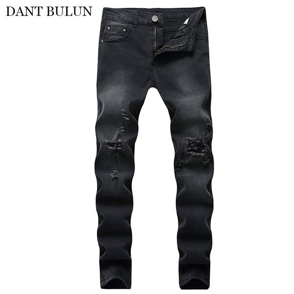 

men casual jeans distressed hole jeans torn ripped slim pants destroyed denim trousers men skinny pencil pants streetwear, Blue