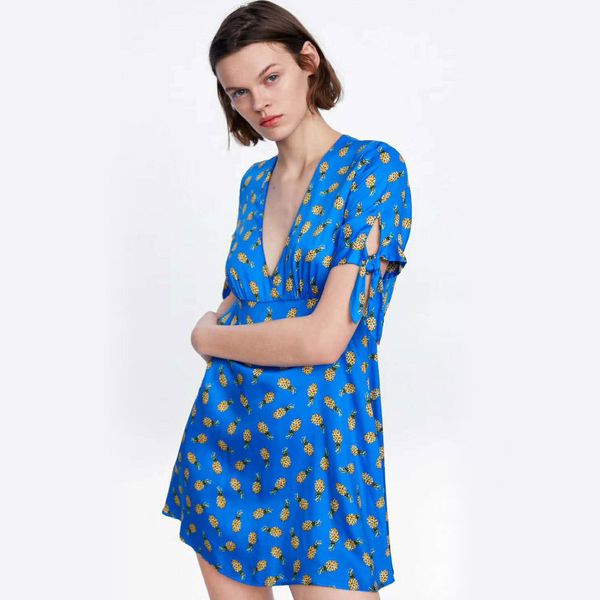 

In Stock! Hot Selling Women's Summer V-neck Pineapple Print Dress Fashion Causal Blue Mini Dress XS-L Z02