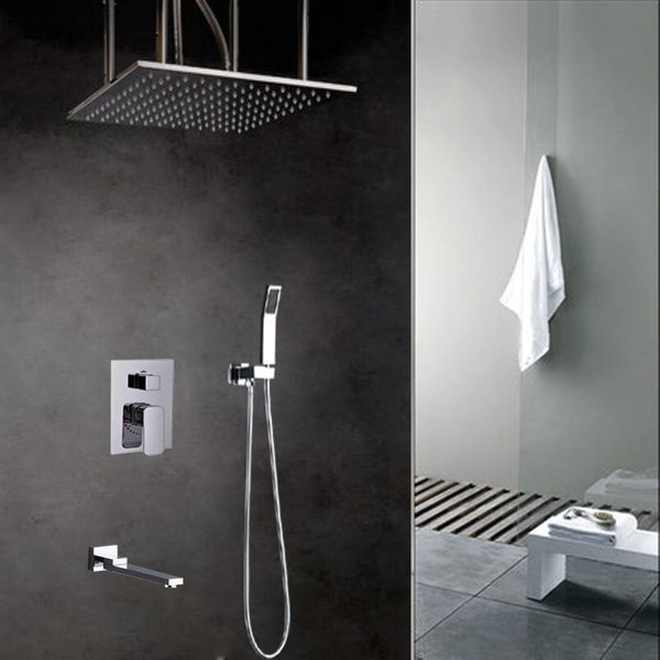 

3 function cold large 20" rain shower system square ceiling mounted overhead shower handheld spary faucet set with two handle mixer