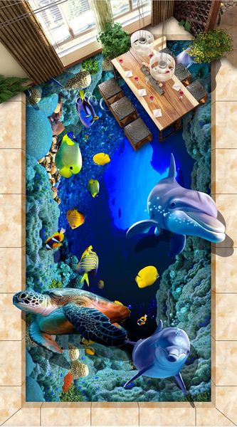 

modern custom 3d floor mural sea world dolphin tropical fish 3d drawing floor tile pvc floor sticker painting murals