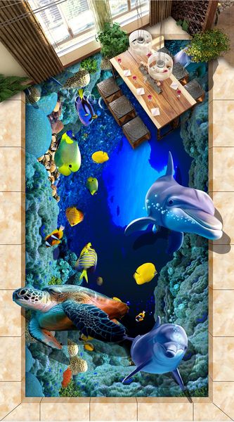 Modern Personalizado 3D Sea Piso Mural World Dolphin peixes tropicais desenho 3D placa de piso Piso PVC etiqueta Pintura Murais