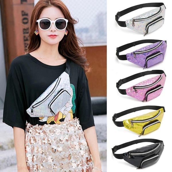 

laser sequin women waist bags double pocket fanny pack female shoulder belt bag chest bag phone pouch