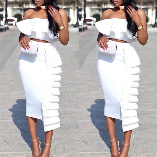 

women 2 piece sets crop skirts dinner ruffles off shoulder slim jupes 2019 fashion new summer backless party wear suit, White