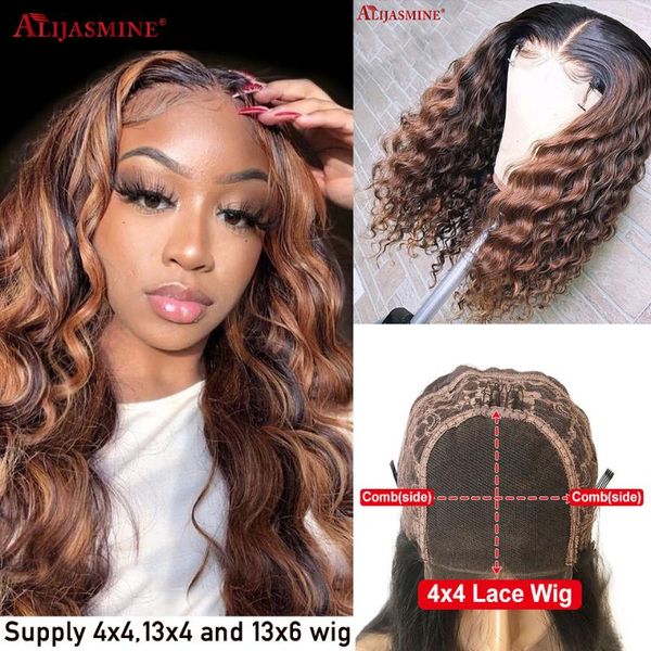 

ombre brown highlight wig 4x4 closure wig bleached knots colored human hair wigs for women 13x6 lace front human hair wigs, Black;brown