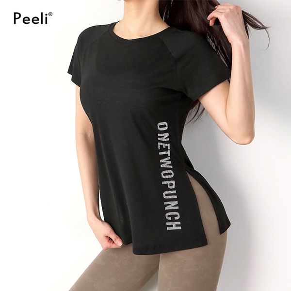 

peeli loose sport shirts solid color women gym yoga breathable sport fitness women running short sleeve athletic t-shirt, White;red