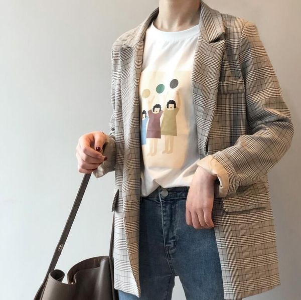 

2019 korean vintage loose plaid blazer double breasted notched collar female coat elegant women checker blazer, White;black