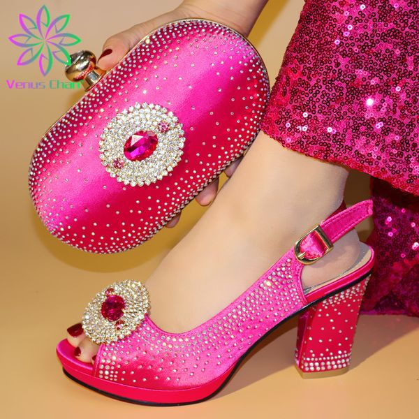 

2019 new fuchsia african nigeria women shoes and clutch set with rhinestone square heels sandal for baby shower, Black