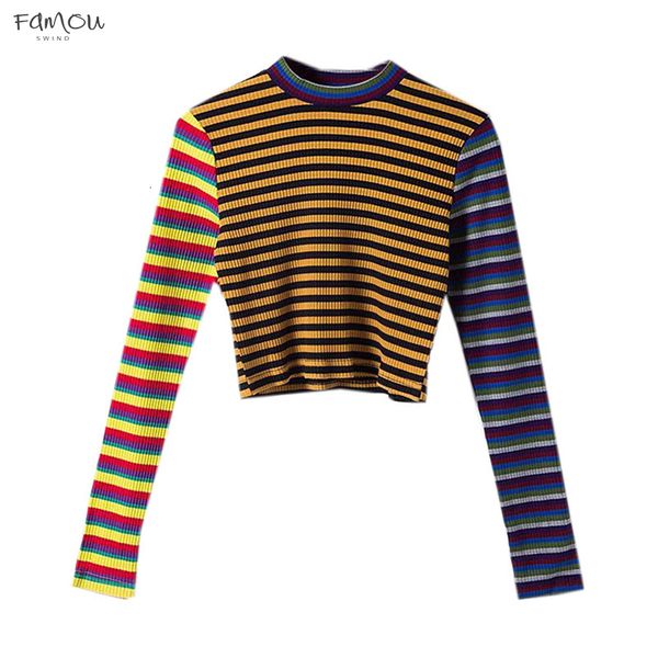

Autumn Women Sweaters Striped High Street Crop Tops Thin Pullovers Knitted Women Streetwear Elasticity Knitwear Drop Shipping