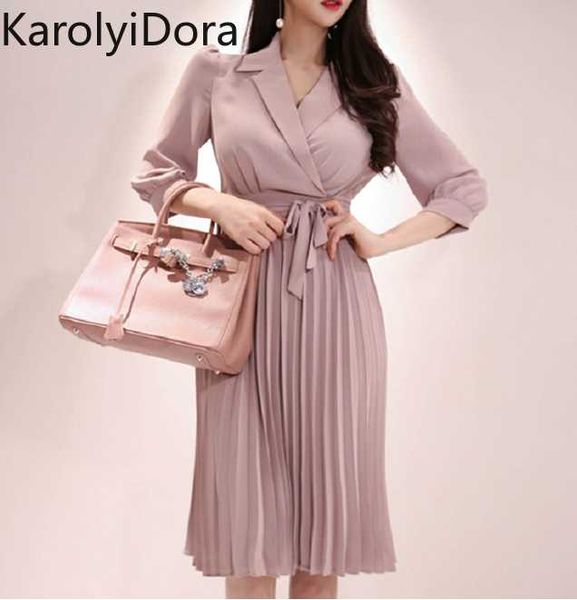 

women's 2020 spring new notched neck pleated dress draped lace up bow a-line dresses elegant work wear business vestidos, Black;gray