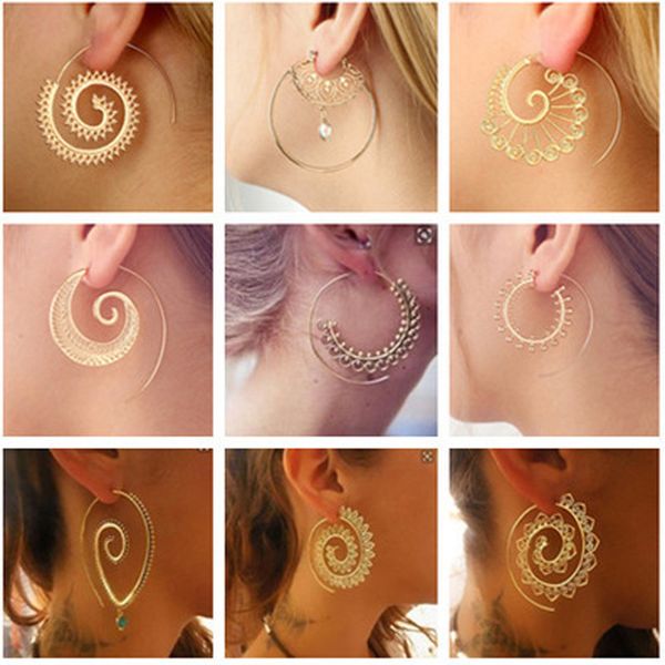 

multi-style fashion spiral metal women's earrings openwork leaves flower earrings for women alloy jewelry party gift, Golden;silver