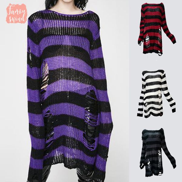 

women hollow out sweaters gothic hole striped long character cool hollow out punk broken thin knit sweater autumn cozy top, White;black