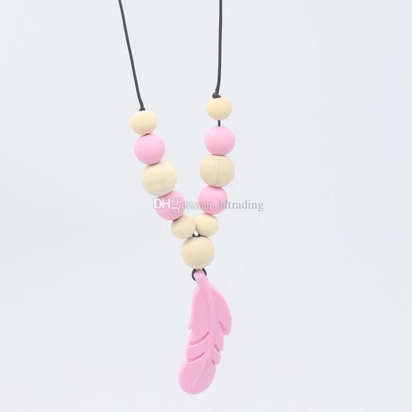 Grey Silicone Feather Teething Necklace with Silicone and Wooden Beads Uk Seller