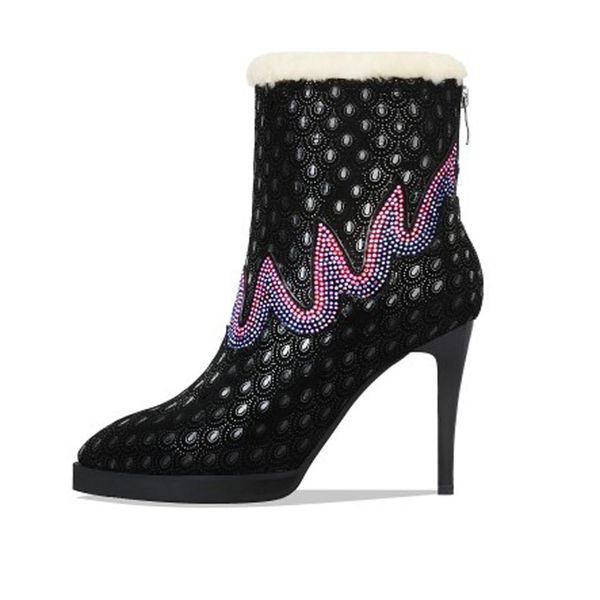 

женщины из натуральной кожи коровы женщины ручной работы высокой тонкие каблуки обувь лодыжка черная шнуровка boots мех ручной езда нормальн, Black