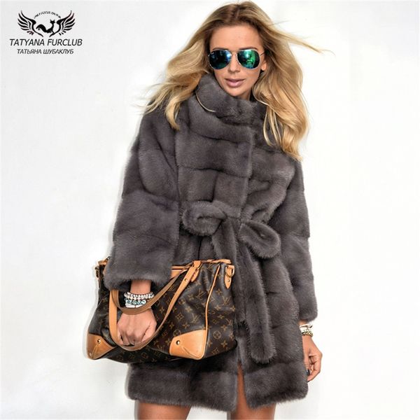 

tatyana furclub 2019 new fashion dark grey mink coat with stand collar medium slim winter real fur coat women plus size garment, Black
