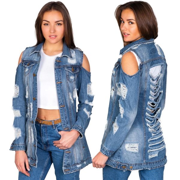 

designer denim jacket women strapless holes street loose long sleeved lapel neck jackets fashion women coats, Black;brown