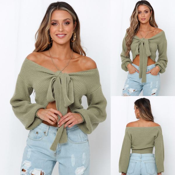 

women's knits & tees fashion solid color off shoulder crop sweater, White