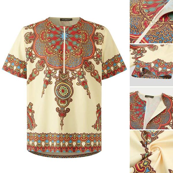 

men's casual shirts 2021 summer men vintage printed fashion short sleeve turn down collar shirt ethnic loose zipper camisa s-5xl, White;black