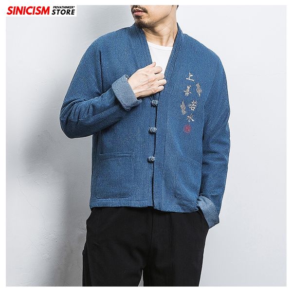 

sinicism store 2020 mens casual embroidery denim jacket men chinese style buckle clothes male spring vintage fashion denim coats, Black;brown