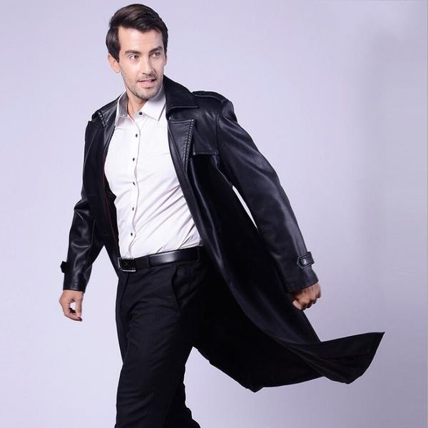 

2020 spring new men's section suit collar leather jacket mens business casual double-breasted long trench coat plus size, Tan;black
