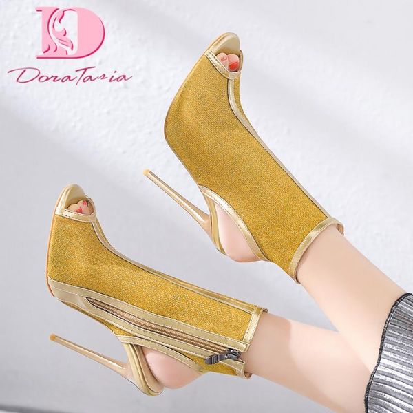 

doratasia 2020 flock thin high heels shoes woman boots female peep toe zip up summer boots women shoes, Black