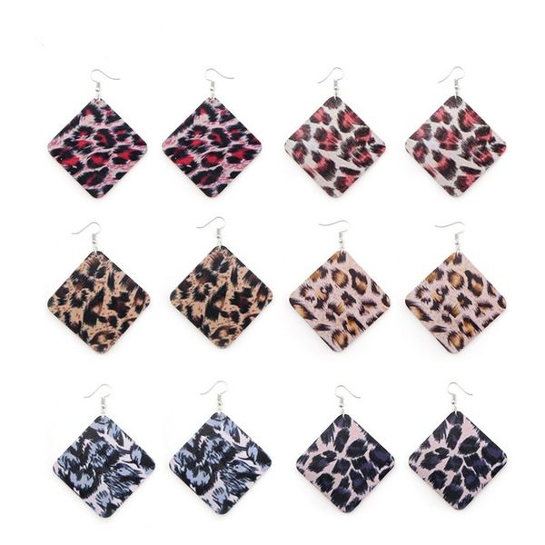 

new arrival rhombus shape wooden earrings leopard grain printed wood charm pendant dangle hooked earrings for women jewelry gifts 6colors, Silver