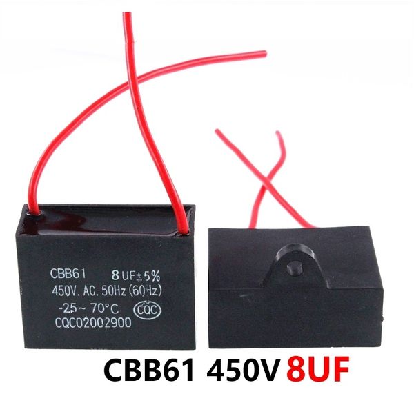 CBB61 450VAC 8UUF Fan Ligar o comprimento do chumbo de capacitor 10cm com linha