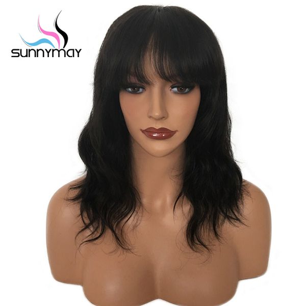 

sunnymay short glueless lace front human hair wigs with bangs bleached knots 130% remy wavy brazilian wigs for black women