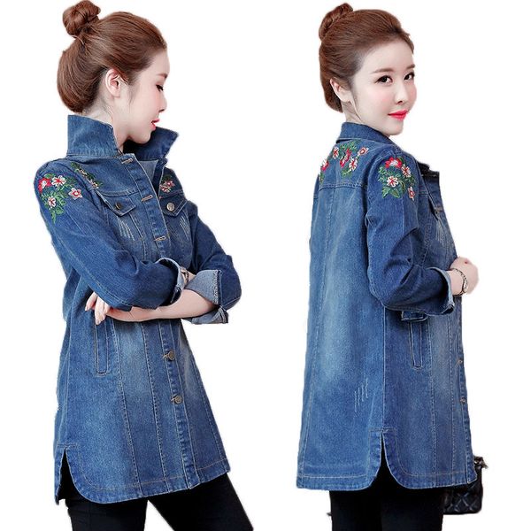

plus size 5xl fashion floral embroidery denim jacket women casual single breasted slim autumn outerwear ladies jeans coat f1064, Black;brown