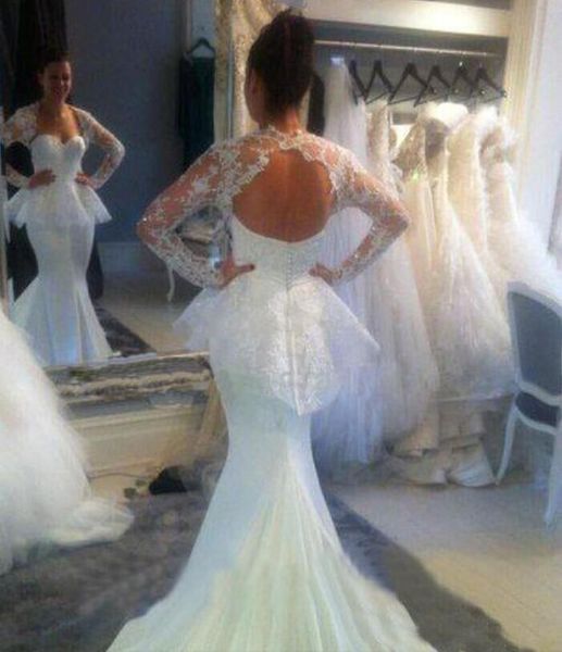 

white mermaid wedding dresses floor length cathedral train long sleeves sheer open back backless wedding dresses bridal gowns