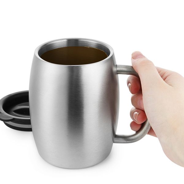 

14oz coffee mug double walled beer cup with lid 304 stainless steel water wine tumbler with handles