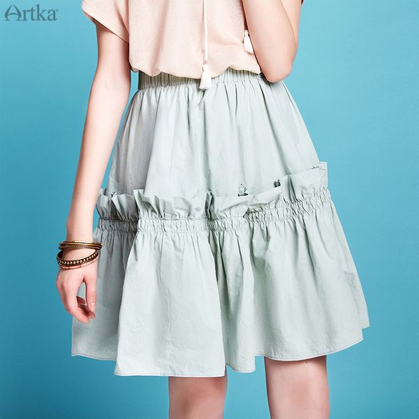 

skirts artka 2021 spring summer women skirt elegant ruffles a-line 100% cotton elastic waist qa20210c, Black