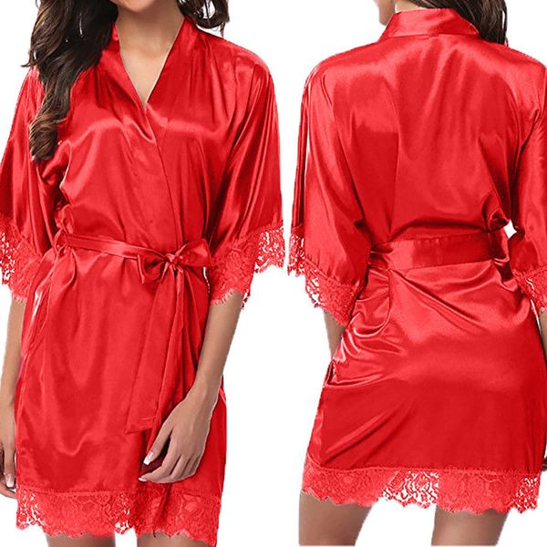 

dressing wedding gown women short satin bride robe lace silk kimono bathrobe summer bridesmaid nightwear plus size peignoir, Black;red