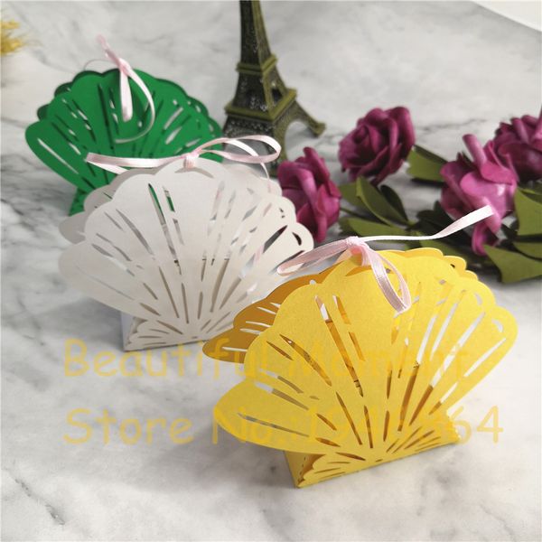 

50pcs shell laser cut hollow carriage favors box gifts candy boxes with ribbon baby shower beach wedding event party supplies