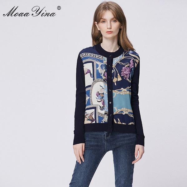 

moaayina весенняя мода с длинным рукавом вязание топы для женщин элегантный принт кардиганы шелковый шерстяной свитер, White
