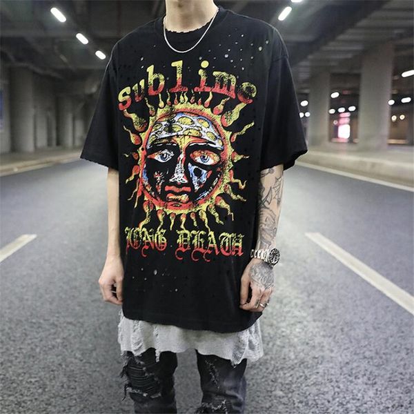 

t shirt men hip hop pure cotton streetwear retro frayed holes helios pattern 2020 spring new oversize harajuku men's t shirt, White;black