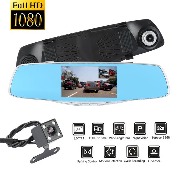 

dual lens 1080p hd 5.0" lcd display car camera rearview mirror front rear camera dual recording driving recorder