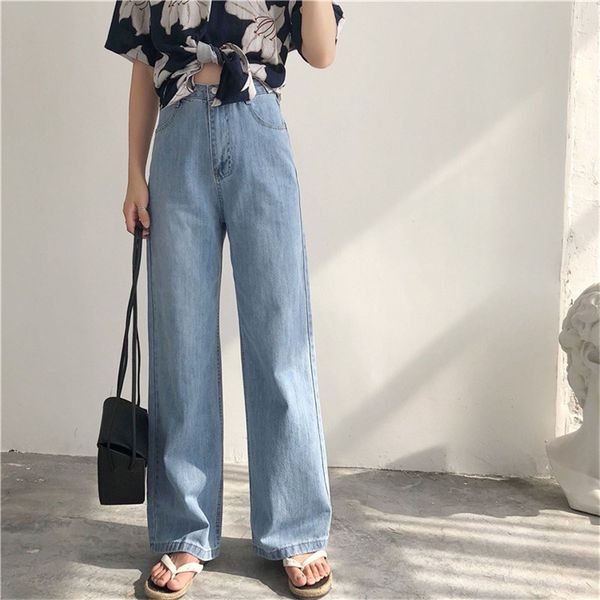 

2019 high street women denim blue jeans plus size femme pantalon high waist loose wide leg pants