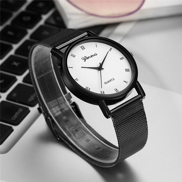 

modern fashion black quartz watch men women mesh stainless steel watchband casual wristwatch gift for female, Slivery;brown