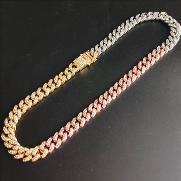 

new 12mm wide tricolor miami cuban necklace iced out full rhinestone choker necklace hip hop jewelry, Silver