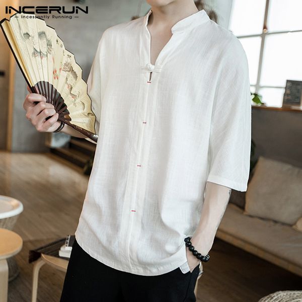 

мода мужчины сплошной цвет половина рукава стенд воротник рубашки ретро comfort багги хлопок mens casual пуловер блуза streetwear incerun, White;black