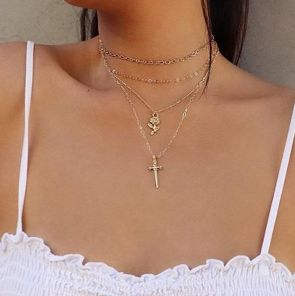

jewelry multi layered necklaces rose cross pendant chrome plated gold silver necklaces chokers necklaces jewelry gift, Golden;silver