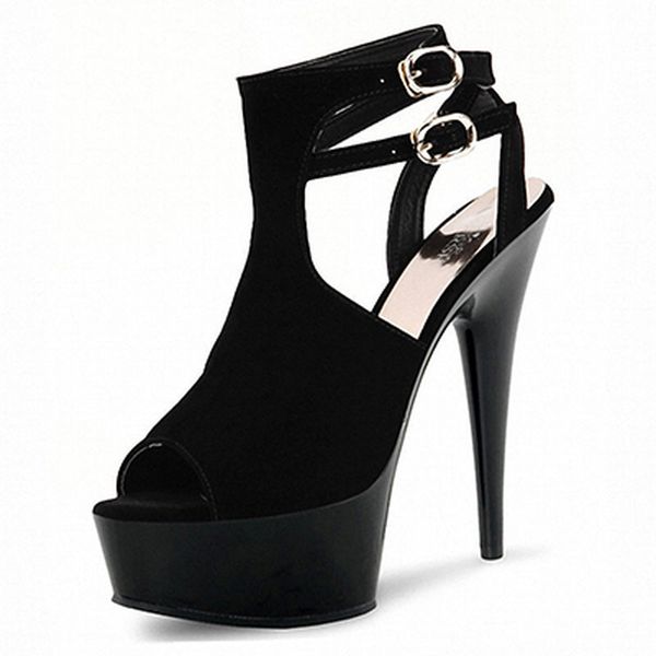 

Mclubgirl 15cm Heels New Ultra-high Heel Open Toe Shallow Mouth Fish Mouth Suede Cut Out Back Buckle Strap Stage Sandals LYP