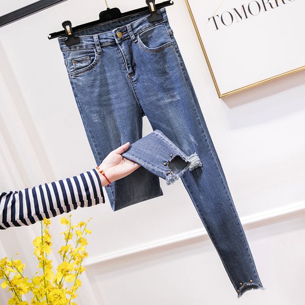 

high waist rivet ripped skinny pencil jeans woman plus size blue mom stretch jeans ladies women pants denim femme