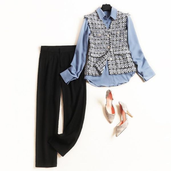 

autumn 2019 new european and american women's wear nine minutes of pants long sleeve shirt tweed vest fashion suits, White