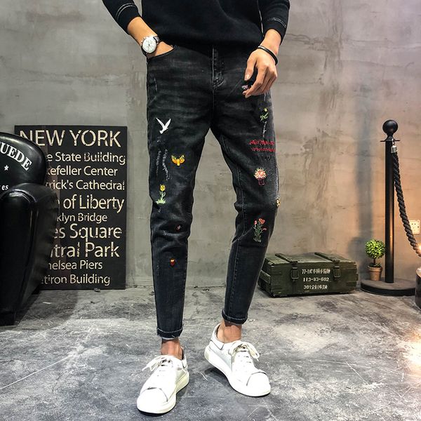 

casual мужчины вышивка джинсы стрейч slim fit черный карандаш штаны, Blue