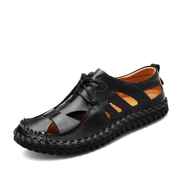 

jnngrior genuine leather summer shoes men sandals fashion male sandalias beach shoes soft bottom breathable 2020 38-46, Black