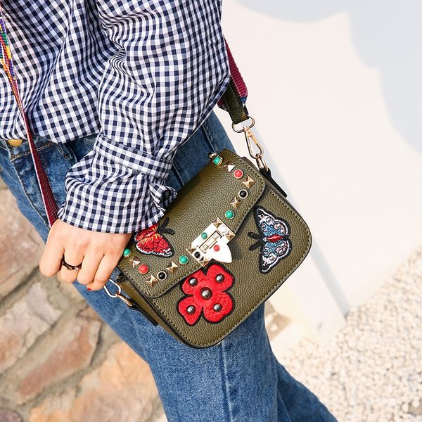 

women small shoulder bag butterfly embroidery female messenger bag flower diomand lady crossbody wide shoulder strap handbag