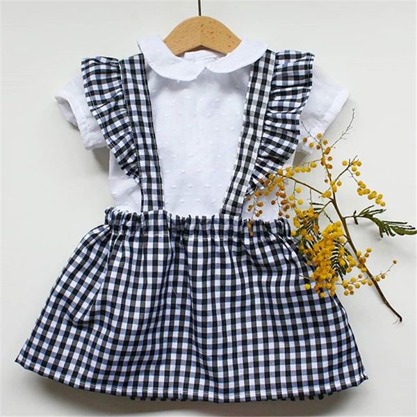 

2pcs newborn infant baby girl outfit clothes set romper strap skirt plaid dress 6-18m 1-3y suit, White
