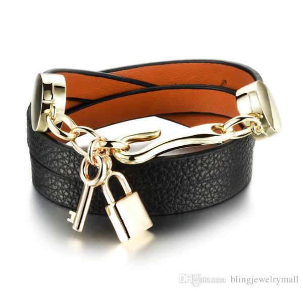 

handmade woman wrap bracelets new fashion leather + stainless steel lock key pendant women jewelry accessories ph1072, Black